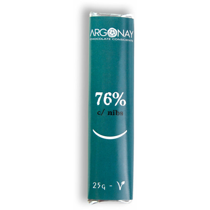 Barrinha de Chocolate 76% Cacau com Nibs Vegano 25g - Argonay Chocolates