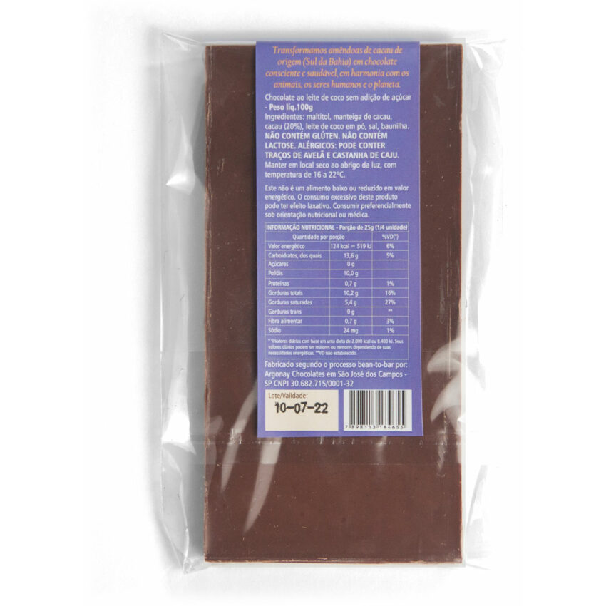 Barra de Chocolate ao Leite de Coco Vegano - Zero açúcar 100g - Argonay Chocolates